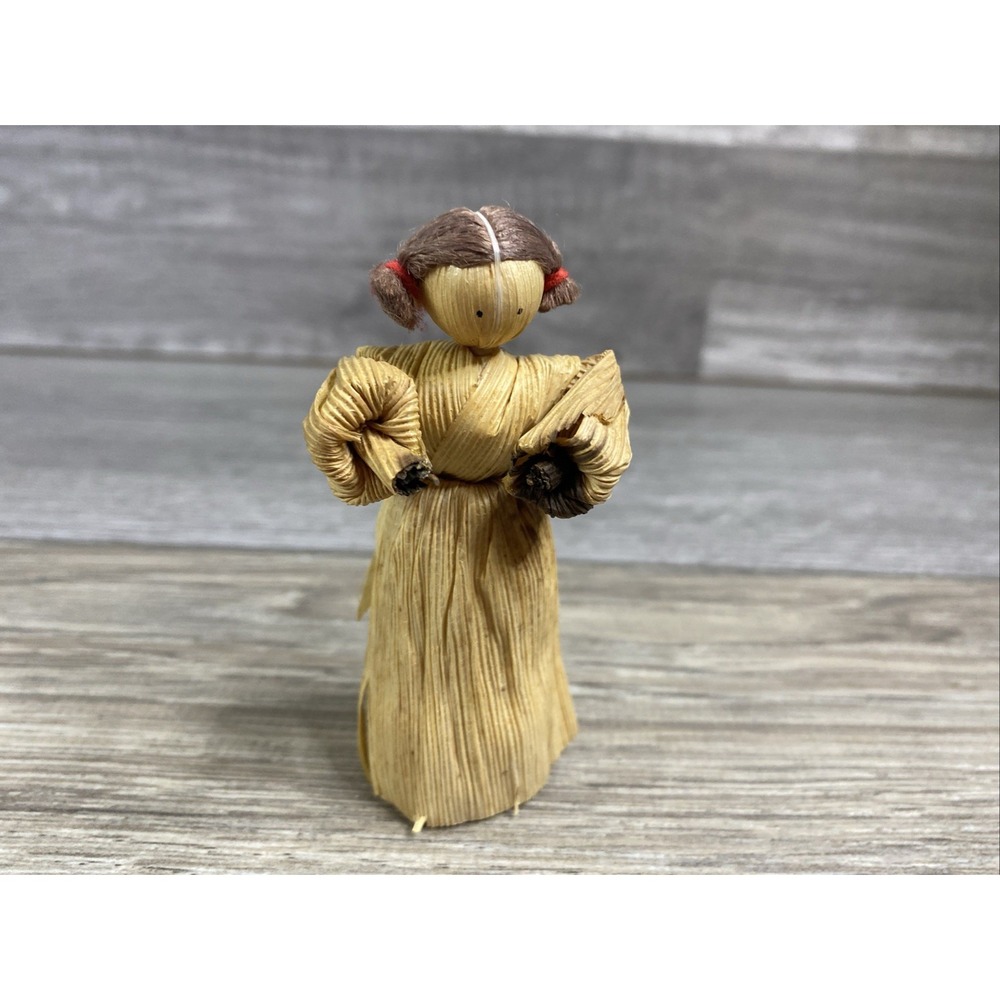 Vintage Handmade Cornhusk Doll Woman In Dress Folk Art Corn 3.5"